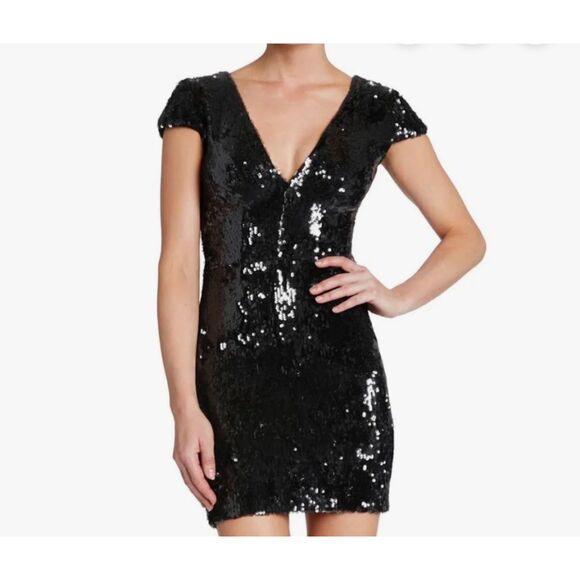 Dress the Population Dresses & Skirts - Dress the Population Zoe Black Sequin Plunge Mini Dress Size Medium